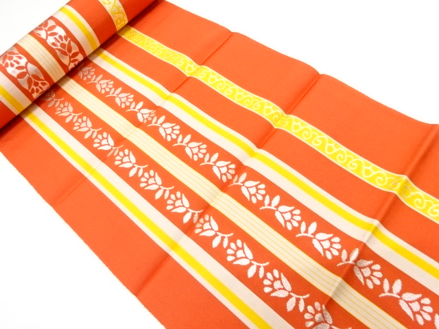 JAPANESE KIMONO / ANTIQUE BOLT FOR HASSUN OBI / WOVEN STRIPE & FLOWER